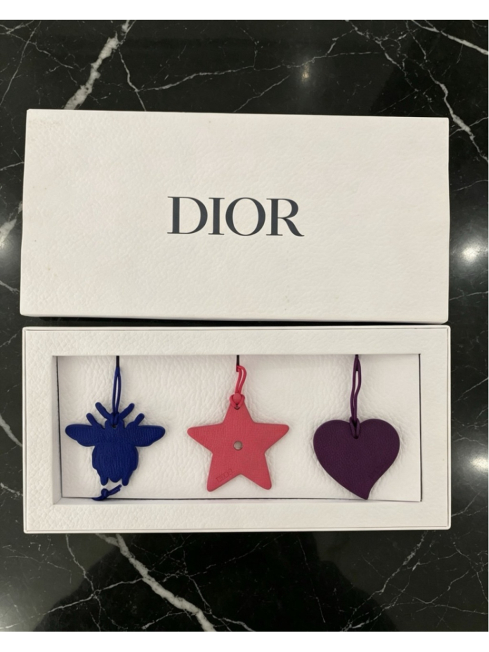 Christian Dior Set of 3 Leather Bag Charms Ornaments Bee Heart Star NIB